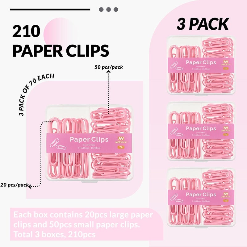 NEEWAY Colorful Paper Clips Assorted Sizes, Small and Large Paperclips, 210 Count, 3 Pack of 70 (Rose Pink) - Image 3